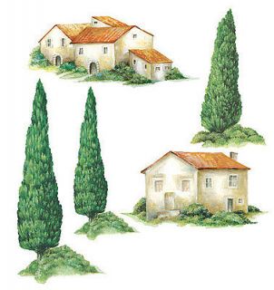 Tuscan House & Trees Wallies Wall Decor Stickers Tuscany Cottage Home 