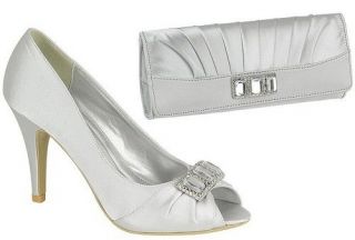   Silver Satin Wedding Evening Diamante Peeptoe Shoes & Matching Bag