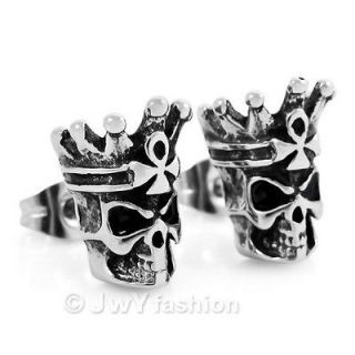  Silver Stainless Steel Heavy Biker Skull Crown Studs Earrings LP11 060
