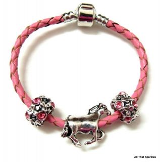 Pink Leather Antique Galloping Horse Crystal Child Girl Bead Bracelet