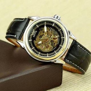   OF TIME  MENS SKELETON MECHANICAL WRIST WATCH BLACK LEATHER BAND