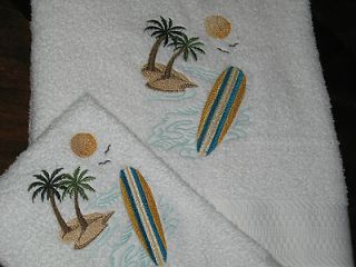   Palm Trees and Beach Surf Board 2 Piece White Bath Towel Set