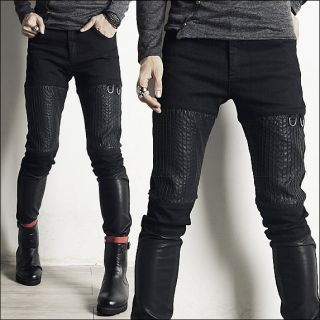 men stitch detail leather patch skinny jeans