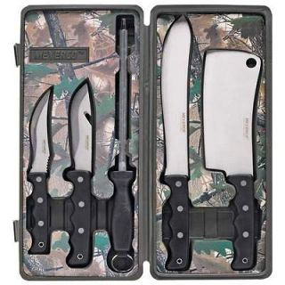 Camo Hunting 4 Knife Set and Sharpener Caping/Skinning Boning Cleaver 