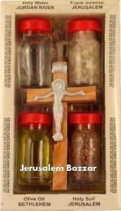 Crucifix Wood Cross Holy Water Incense Soil Olive Oil Relic Set Box