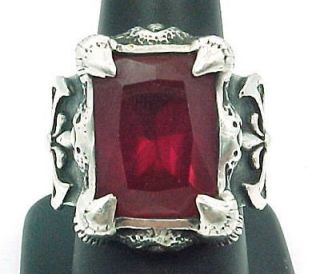 norse gothic claw sterling silver ring with large red synthetic