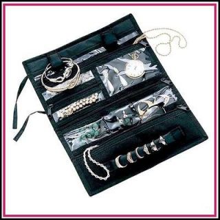 Travel Jewelry Roll Case w/ Clear Pockets, Ring Holder & Loops Black 