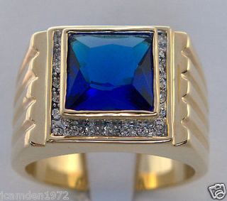 MENS lab created 9.1 carat Montana Sapphire ring 18k yellow gold 