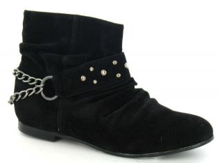   SUEDE PULL ON FLAT HEEL ANKLE BOOTS WITH STUD & CHAIN STRAP   F4317
