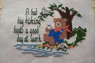 Cross stitched ready to frame bears fishing teddy bear petite small 