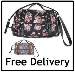 Ladies Floral Canvas Satchel Handbag Across Body Bag with Long 