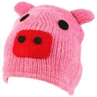 100% Wool Nepal Winter Pink Pig w Ears Animal Fleece Lined Beanie Ski 