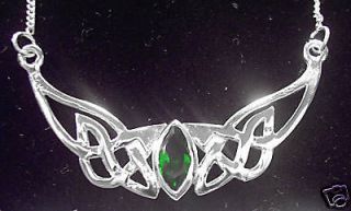   Silver Emerald Celtic Pendant Necklace Irish Made green chain knot c v