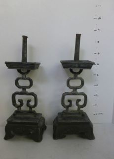 Great chinese antique pewter pair of prciket candlesticks, 19th C 
