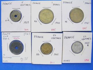 WWII France & Vichy France Lot of 6 Coins. 1939 to 1944. 5 Centimes to 