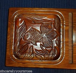   carved Koi Fish teak Wood Cheese & Crackers Serving tray Glass Top