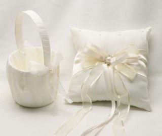 Wedding Ring Bearer Pillow + flower girl petal basket Ivory bow ribbon 