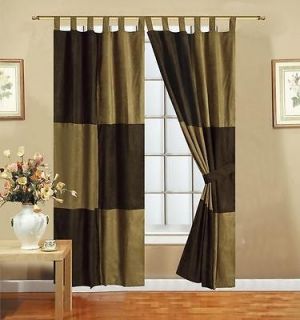   Brown Patchwork Micro Suede Tab Top Lined Window Curtain/Drape Set