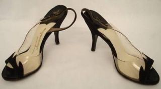 Vintage Shoes Heels Jacqueline Black Suede/Clear Vinyl Peep Toe 1950S