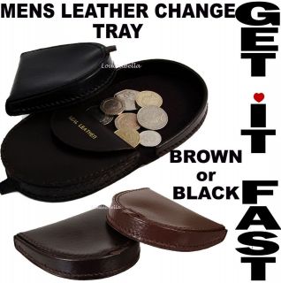 Mens Black Brown or Tan Leather Coin Change Tray Purse Wallet Pouch