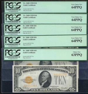 1928 $10.00 GOLD CERTIFICATES IN A ROW *P.C.G.S #63 64PPQ*