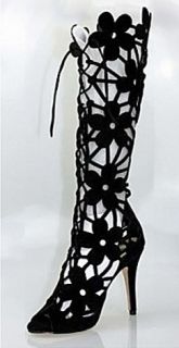 Black Suede Leather Peep Toe, Lace Up Boot ♥ Floral Cutout 