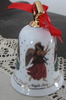 Christmas Angel Bell, Glazed Ceramic, Gold Accents, Four Angels, Gold 