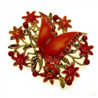 Acosta Jewellery Antique Gold Floral Butterfly Brooch with Red Enamel 
