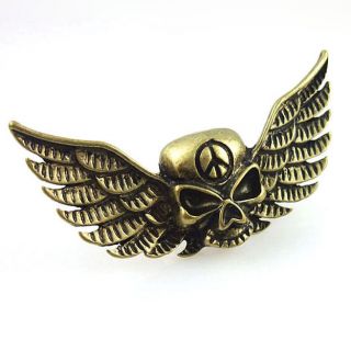 Vintage Bronze Wings Skulls Peace Sign Adjustable Ring