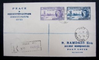 Mauritius   1946 Registered FDC at Rose Hill for Victory issue