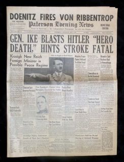 Adolf Hitler Death Newspaper Nazi Germany WW 2 II Real Dated May 2 