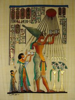Akhenaton OFFER to Aton Sun Original Hand Painetd Papyrus 12x16 
