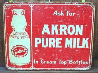 Vintage Akron Pure Milk Bottle Dairy Ad Sign Sealtest Tin