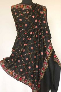 Large Black Wool Shawl with Kashmir Crewel Embroidery