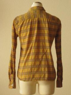  Alan Mustard Yellow Plaid Cotton Reverse Seam Button Up Blouse Top M 
