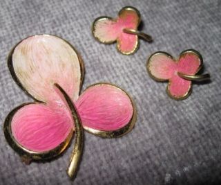 Vtg Signed Alan J Set Pin Brooch Clip on Earrings Pink 3 Leaf Clovers 