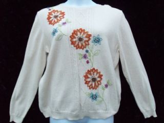 Alfred Dunner XL Tan Sweater Embroyered Accent Flowers
