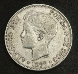 1899 Spain Alfonso XIII Large Silver 5 Pesetas Coin VF