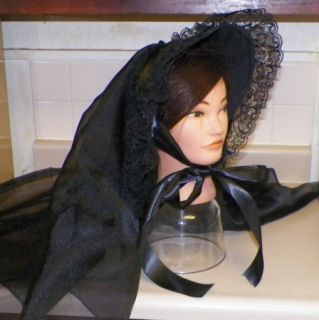 Black Victorian Dress Bonnet Civil War Mourning Hat Costume With Veil 