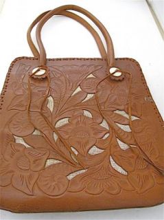 Authentic Alexis David Hand Tooled Brown Leather Western Tote Handbag 