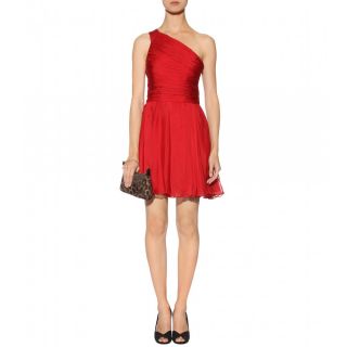 New Halston Heritage One Shoulder Gathered Silk Dress Size 6 $919 Red 
