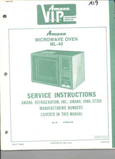 Amana Radarange Model ml 40 Microwave Service Manual