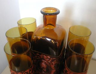 Vintage Amber Glass Decanter 5 Glasses Set Barware