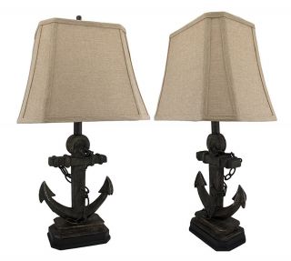 Pair of Nautical Anchor and Chain Table Lamps with Linen Shades
