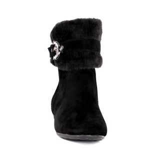 Lady Black Faux Suede Fur Cuff Down Flat Short Ankle Bootie Boot 
