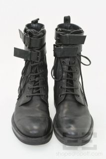 Ann DEMEULEMEESTER Black Leather Double Buckle Lace Up Flat Boots Size 
