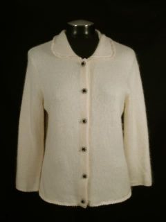 Ann Taylor L Cream Fuzzy Rhinestone Button Cardigan Sweater Top 