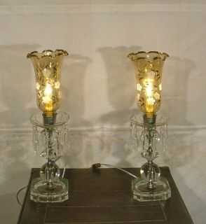 Antique Vintage Pair of Crystal Table Lamps Light Shades