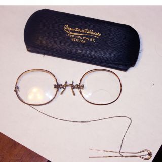 Antique Pince Nez Glasses w Gold Chatelaine and Chain in Case 