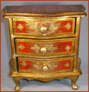 Vintage Three Drawer Jewelry Box Deep Red w Gold Tones Free Shipping 